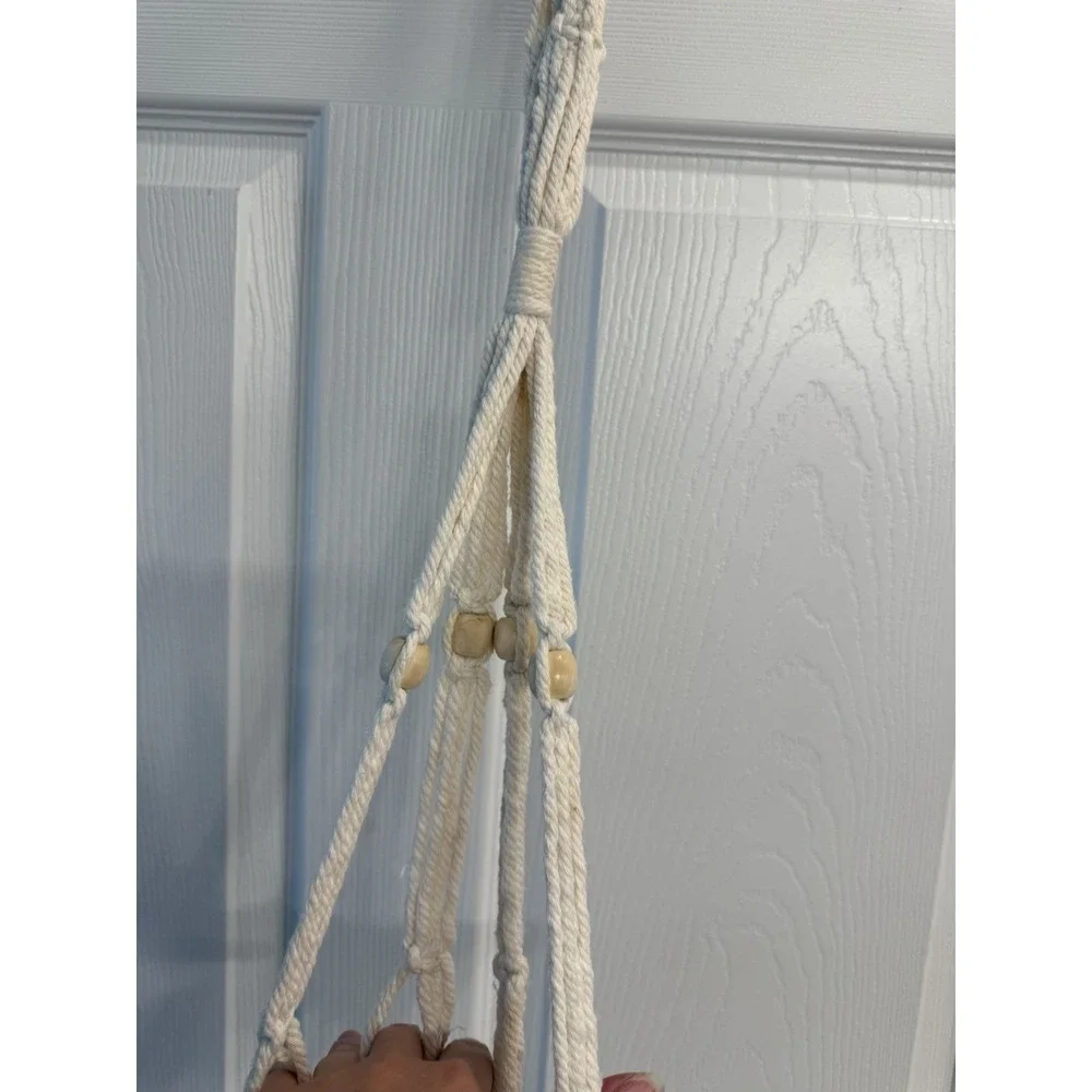 Pair Of VTG Wood Beaded (1) Macrame Plant Hanger White Set 2 Large 3 Plants/each